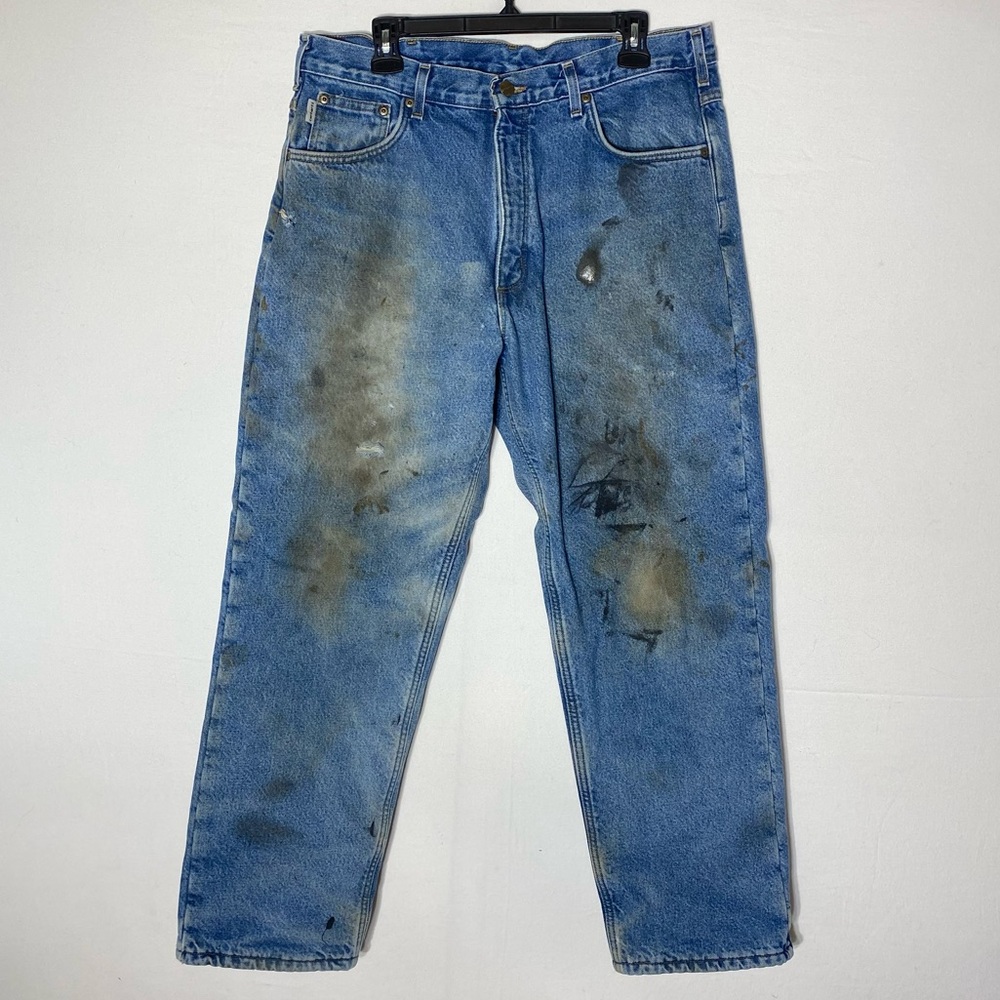 Carhartt Blue Relaxed Fit Fleece Lined Thrashed Winter Work Jeans 36